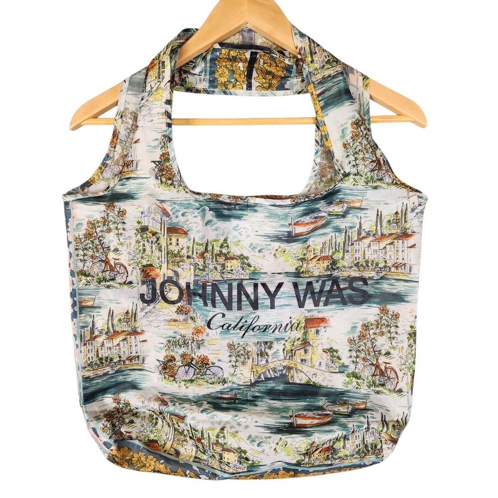 Johnny Was Reusable Tote Bag OS Multicolor Scenic Coastal Print Packable Shopper
